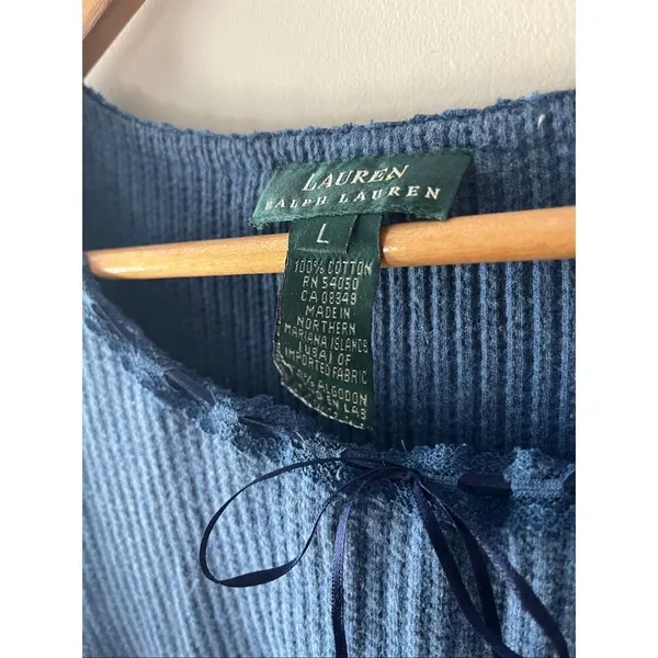 Lauren Ralph Lauren Blue Waffle Knit y2k 100% Cotton blouse L Lace Trim coquette - Image 8