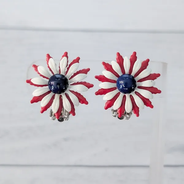 Vintage Clip On Earrings Red, White, Blue Statement Flower - Image 2