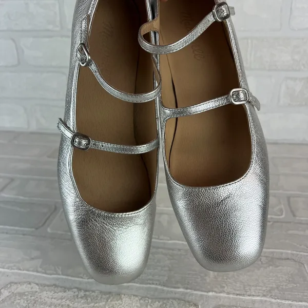 Madewell The Nettie Heeled Mary‎ Jane Womens 8.5 Bright Silver Metallic Leather - Image 14
