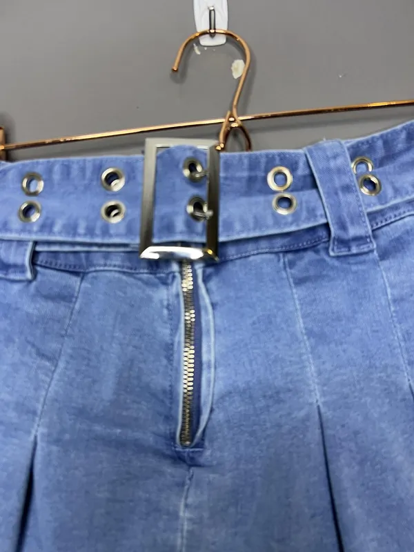 Sugar Thrillz Skirt Womens Small Blue Denim Stretch Pleated Mini Belted Grommet - Image 2
