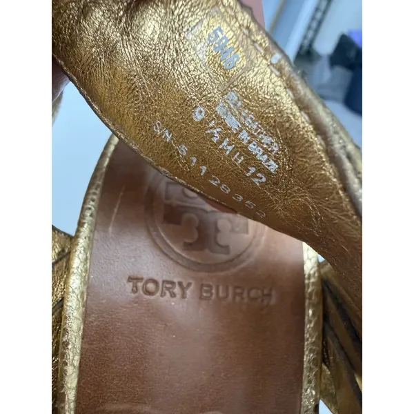Tory Burch Nadia Metallic Gold Woven Leather Heels Sandals 9M - Image 4