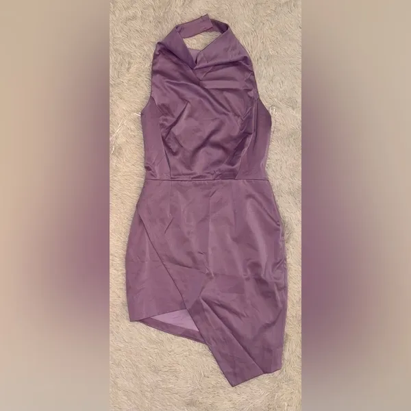 NWOT Elliatt Camo Asymmetric Satin Cocktail Dress in Lavender Sz L - Image 4