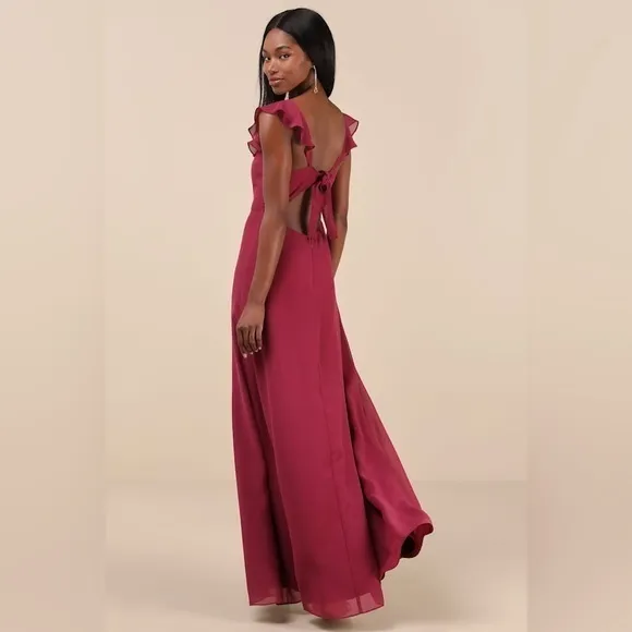 Lulus NEW Sweetest Entrance Dark Magenta Ruffled Tie-Back Maxi Dress Bridesmaid Chic - Image 3