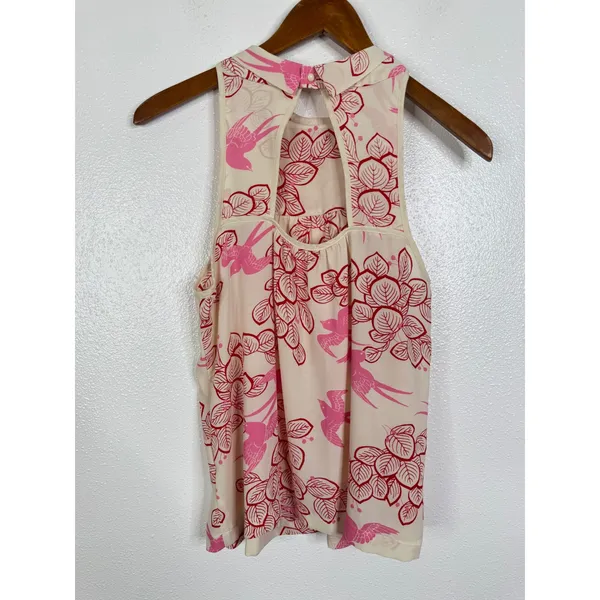 Maeve Anthropologie Pink Red Bird Leaf Print Tie Neck Keyhole Back Blouse Size 8 - Image 2