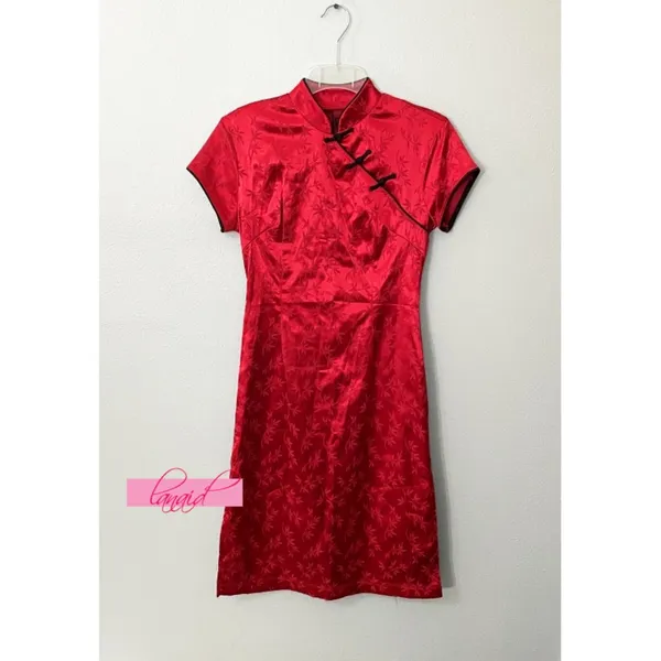 Asian Chinese Oriental Japanese Red Satin Stretchy Mandarin Short Sleeve Dress S - Image 2