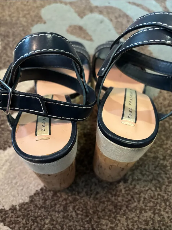 Zara Navy Blue Strappy Cork Platform Wedge Sandals - Image 5