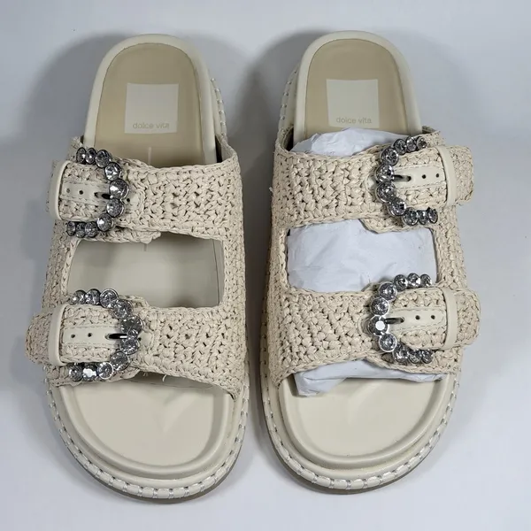 Dolce Vita Size-6.5 Women's Shauny Crystal Buckled Slide Sandals‎ Beige - Image 4