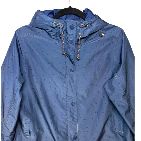 Helly Hansen Womens Navy Blue Polka Dot Hooded‎ Rain Jacket Coat Sz Medium - Image 3