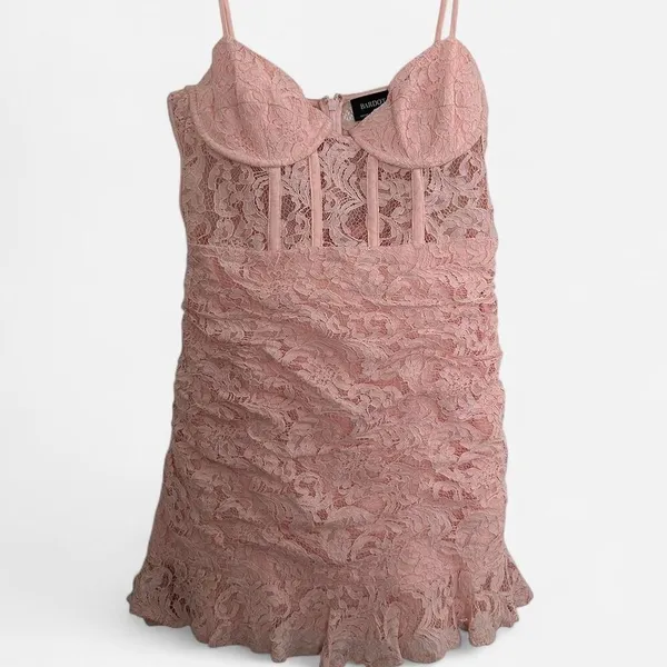 Bardot Danni Lace corset waist mini dress with frill hem in soft pink lace M - Image 3