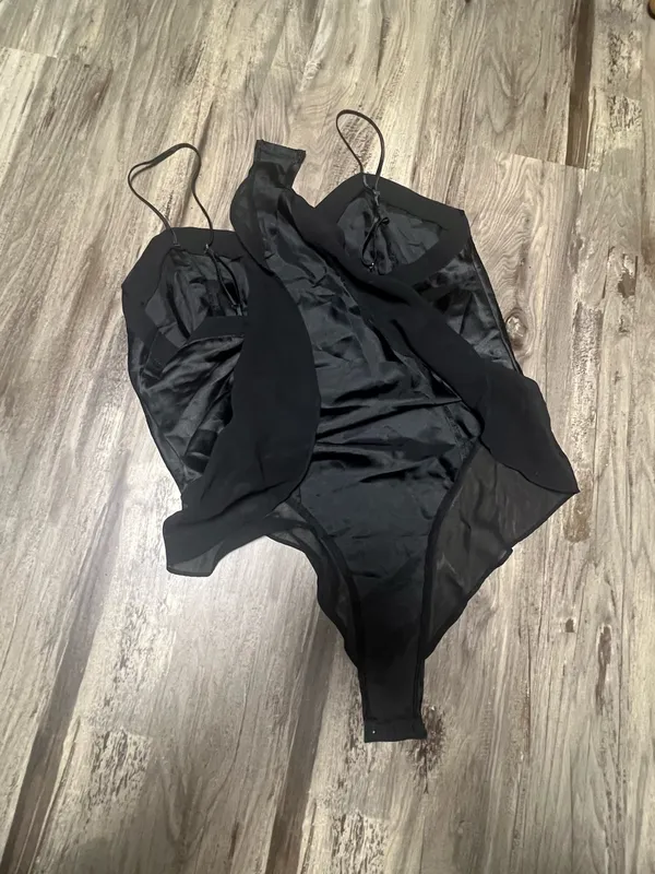 Vintage 90s Victorias Secret Black Satin Chiffon Ruffle Teddy Bodysuit Medium - Image 7
