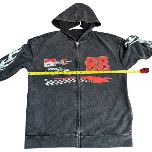 Tik‎ Tok Viral Racetrack Hoodie Sweatshirt Black Acid Wash Flame Motocore Size M - Image 3
