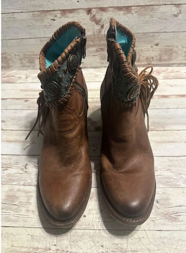Corral Emma Ankle Boots Western Women's Size 7.5 Brown Turquoise Fringe Leather - Image 5