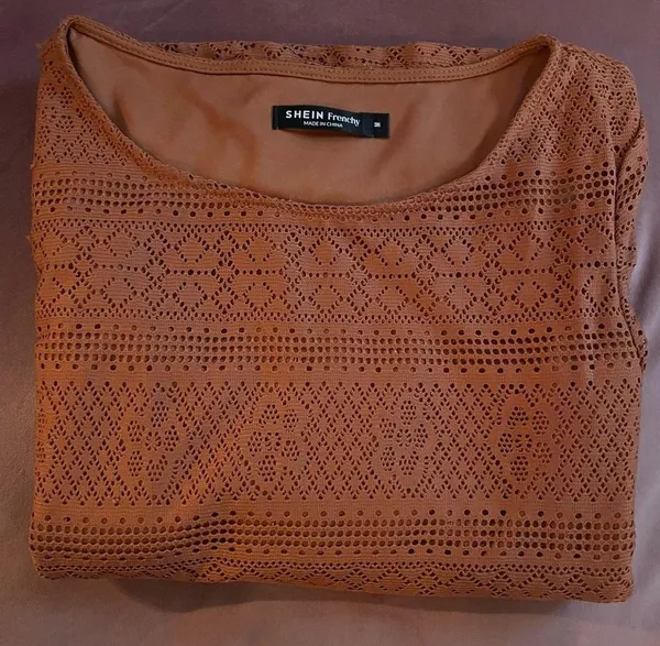 SheIn Rust brown lace overlay long sleeve midi dress - Image 7