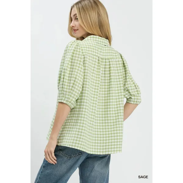 Umgee Gingham Puff Sleeve Collared Blouse - Medium - Image 3