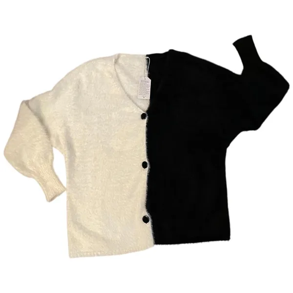 Black White Colorblock Fuzzy Cardigan Sweater Size XL Oversized Drop Shoulder - Image 8