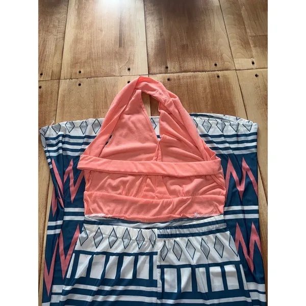 Boho Geometric Print Halter‎ Maxi Dress Coral Blue White Summer Vacation Resort - Image 6