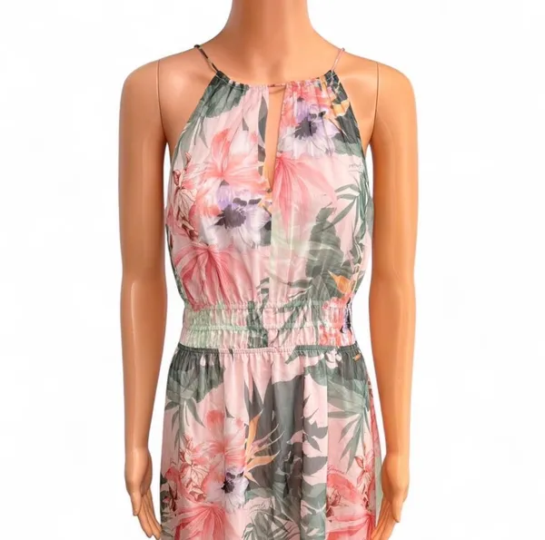 Guess multicoloured floral maxi dress Size S. Lightweight halter maxi with a tropical floral print. Blush pink and soft green tones. Elastic waist for a flattering fit. Sleeveless and flowy for warm days. - Image 3
