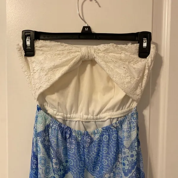 Iris Los Angeles Strapless Maxi Dress Womens Small Blue White Mosaic Lace Cutout - Image 4