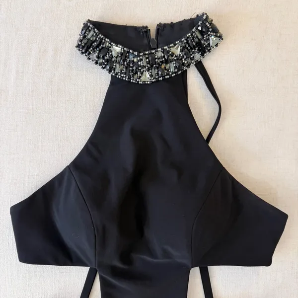 Faviana Black Beaded Halter Cutout Open Back Formal‎ Gown Size 2 - Image 6