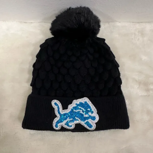 National Football League Detroit lions Black Knit Beanie with Blue Sequin Lion logo! - Image 5