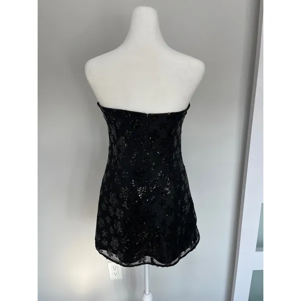 Glam ASOS DESIGN Black Sequin Floral Mesh Strapless Mini Bodycon‎ Dress size 2 - Image 3