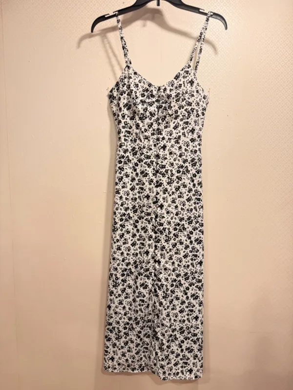 Zara Black White Floral Button Front Spaghetti Strap Midi Slip Dress Size XS - Image 3