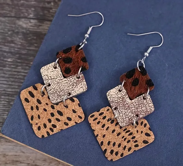 NEW animal print polka dot layered cow print dangle earrings, Boho earrings brown earrings, western aesthetic - Image 3