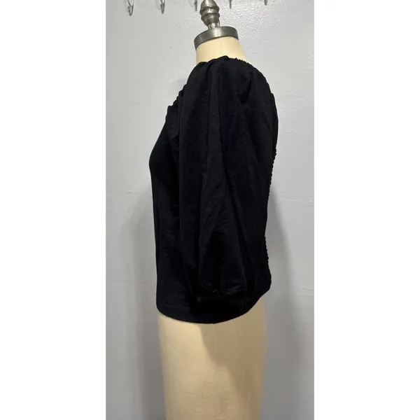 Ann Taylor Top M Black Square Neck Puff Sleeve Back Shirred Blouse Feminine - Image 2