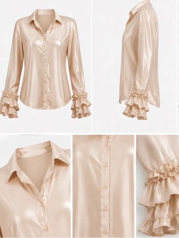 Maeve Anthropologie Satin Flounce Sleeve Button-Down Blouse Size L - Image 2