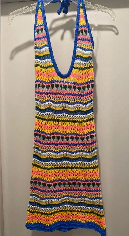 NWT THANNE Multicolor Striped Crochet Knit Unlined Halter Tie Mini Dress - Image 5