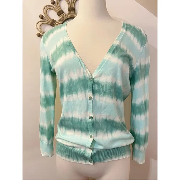 Tory Burch Theo Cardigan Mint White Shibori Tie Dye Striped L - Image 3