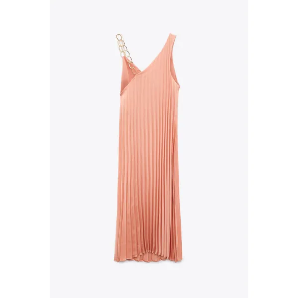 NEW ZARA Pleated Dress with Chain Strap Peach Midi Gold Faux Wrap Surplice XS - Image 5