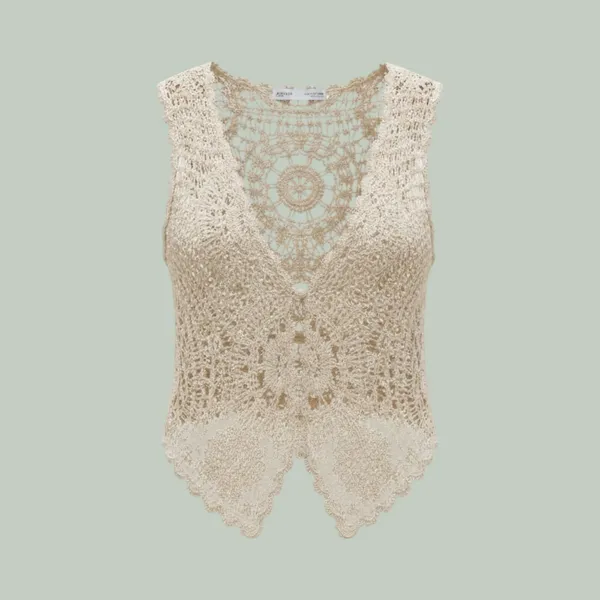 Zara Crochet Vest Women Size S Cream Boho Lace Button‎ Front Openwork Medallion - Image 2