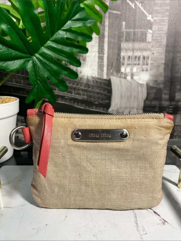 Authentic Miu Miu Beige Linen Pouch with Coral Trim - Image 5