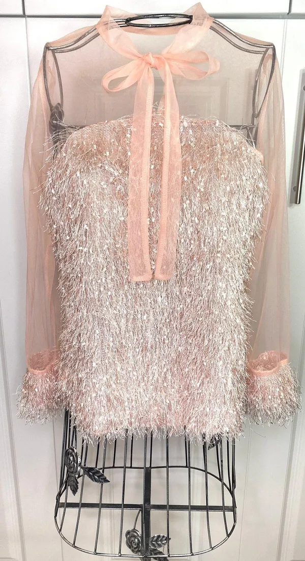Blush Pink Contrast Mesh Tie Neck Shaggy Fringe Blouse - Image 10