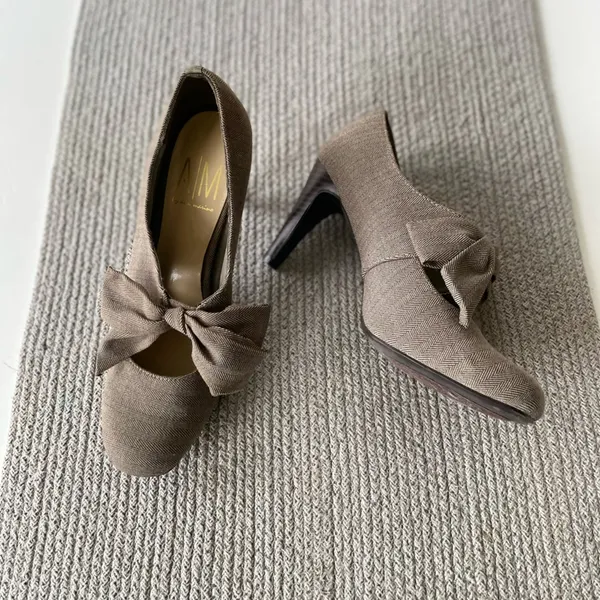 Vintage Ann Marino Brown White Herringbone Bow Tie High Heel Pumps Size 8.5 - Image 10