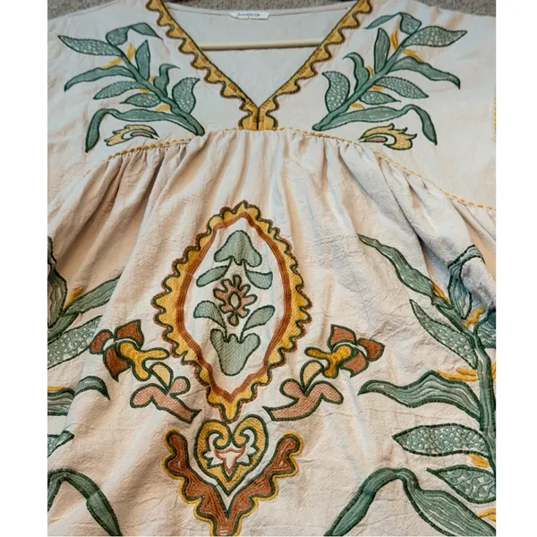 Dreamy Boho Embroidered Babydoll Dress | Cream + Sage | Size M - Image 11