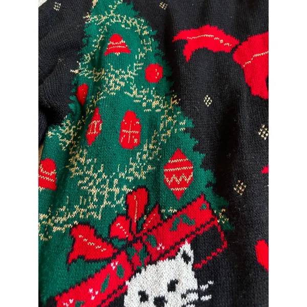 90s Vintage NutCracker Christmas Sweater Medium Black Kitten Cat Tree Ugly - Image 5