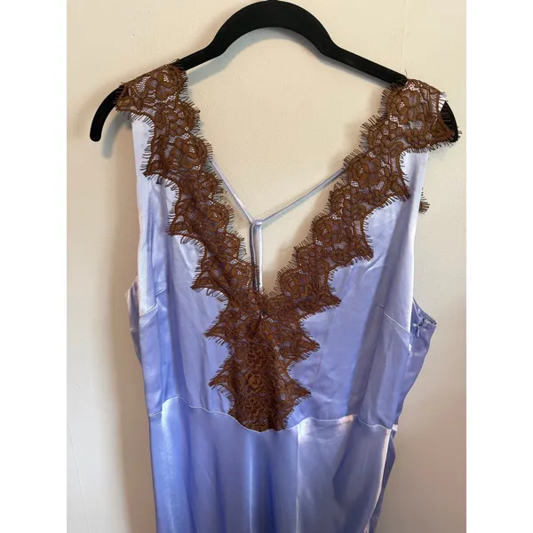 Anthropologie Lace V-Neck Slip Midi Dress Blue and Brown sz Large - Image 3