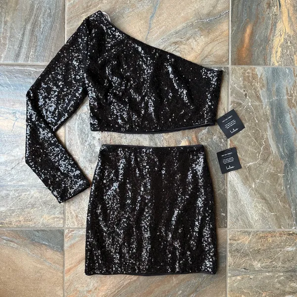 Jackpot Black Sequin One-Shoulder Two-Piece Mini Dress NWT Size Medium - Image 6