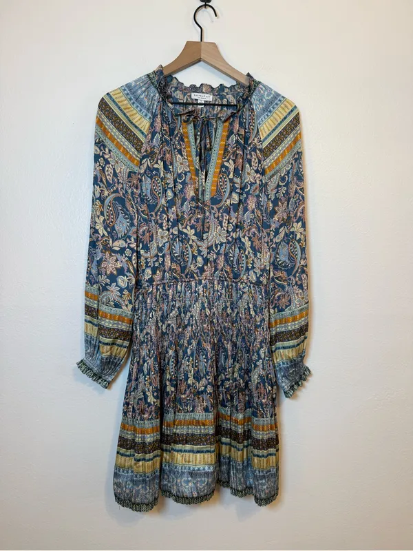 Current Air Bohemian Paisley Floral Printed Pleated Long Sleeve Mini Dress - Image 2