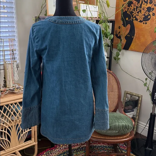 Free People Dreaming Of Denim Blue Trapunto Stitch Cuff Tunic Boho Mini Dress - Image 2