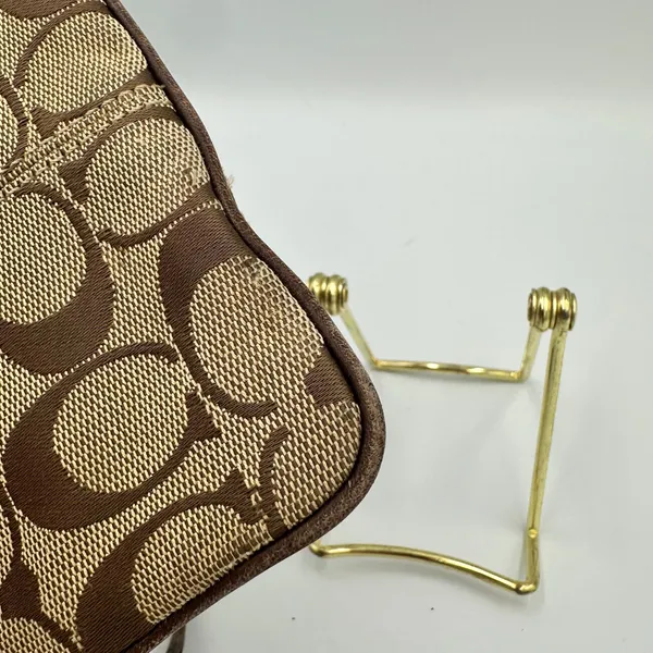 Coach Signature Jacquard Wristlet Khaki Brown Canvas Leather Trim Logo Plaque - Image 7