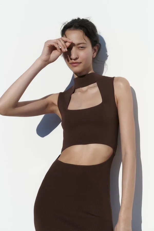 Zara Brown Cutout Dress ribbed fitted casual evening date midi - Image 5