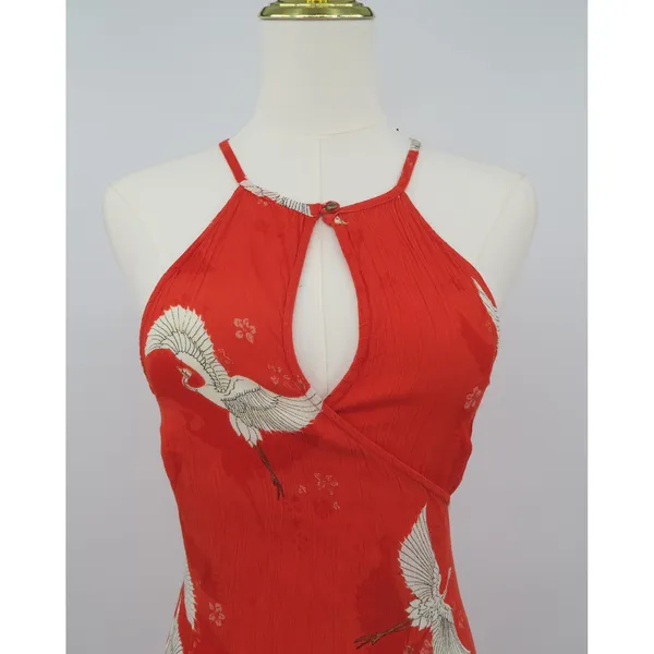 Billabong Red Crane Print Halter Mini Dress Women Medium Keyhole Neck Tie Waist‎ - Image 7