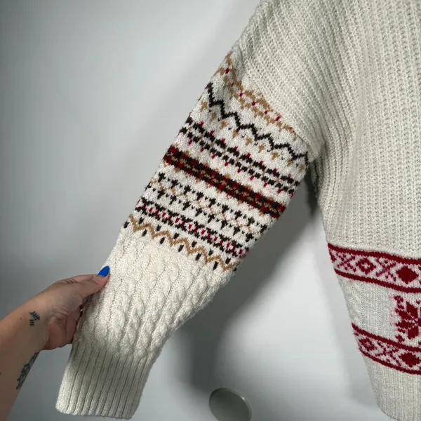 AMERICAN EAGLE Cream and Burgundy Cozy Cabincore Chunky Sweater Extra Large - Image 2