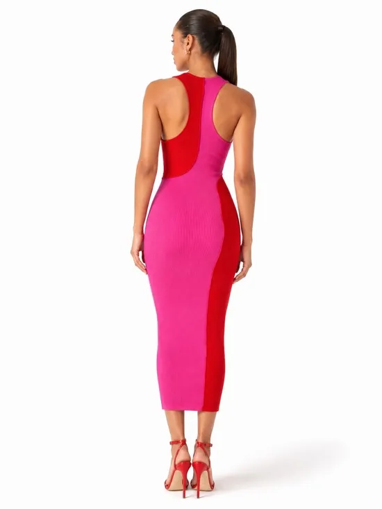 NWOT Sexy Naked Wardrobe Pink Red Colorblock Ribbed Bodycon Midi Dress L - Image 2