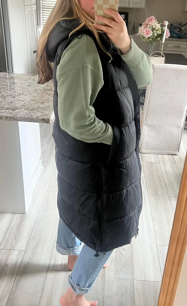 Zara Women's Black Long Puffer Vest Water Repellent Zip XL - Image 3