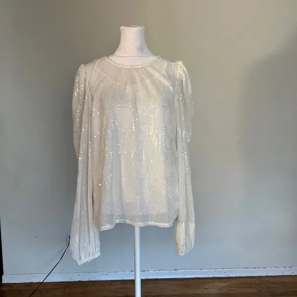 Eva Franco White Sequin Mesh Puff Sleeve Blouse SE10054AN Size S - Image 3
