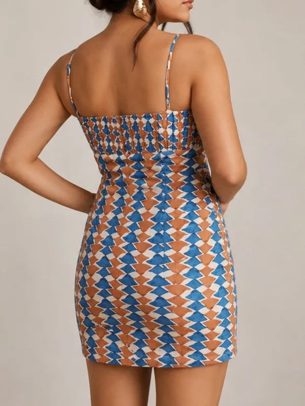 Anthropologie Maeve Ophelia Linen Blend Blue Multi Square Neck Geometric Mini Dress - Image 2